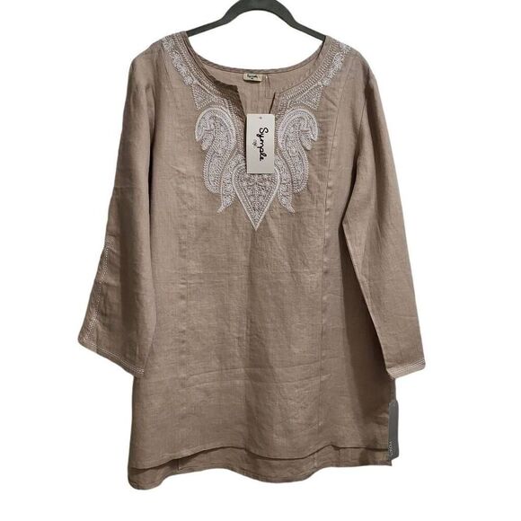 Symple NYC Size M Women's Boho‎  Embroidered 100% Linen Tunic Blouse Sz M - Picture 1 of 9
